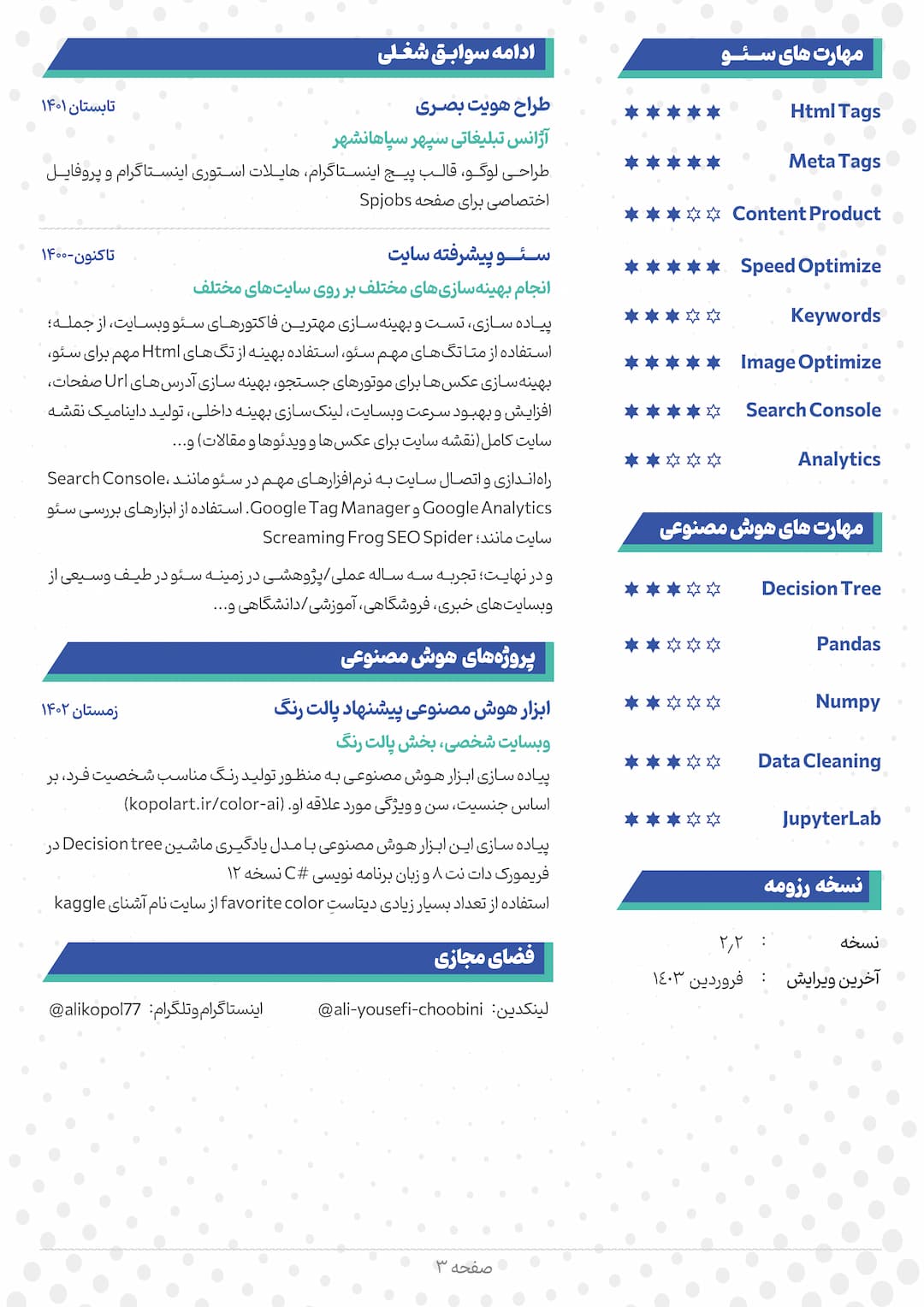 رزومه کاری مهندس علی یوسفی چوبینی | صفحه سوم | Ali Yousefi Resume