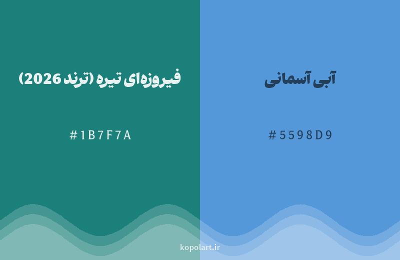رنگ همسایه فیروزه‌ای تیره (ترند 2026) با کد هگزادسیمال 1B7F7A، رنگ آبی آسمانی با کد 5598D9