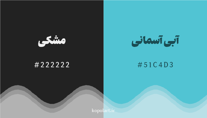 رنگ مکمل مشکی با کد هگزادسیمال 222222، رنگ آبی آسمانی با کد 51C4D3