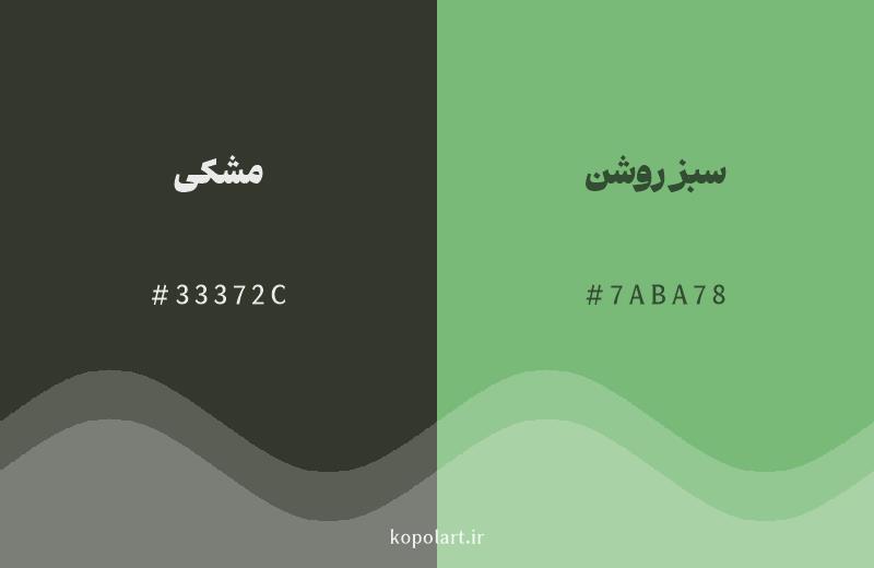 رنگ همسایه مشکی با کد هگزادسیمال 33372C، رنگ سبز روشن با کد 7ABA78