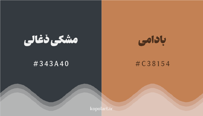 رنگ مکمل مشکی ذغالی با کد هگزادسیمال 343A40، رنگ بادامی با کد C38154