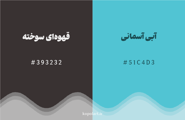 رنگ مکمل قهوهای سوخته با کد هگزادسیمال 393232، رنگ آبی آسمانی با کد 51C4D3