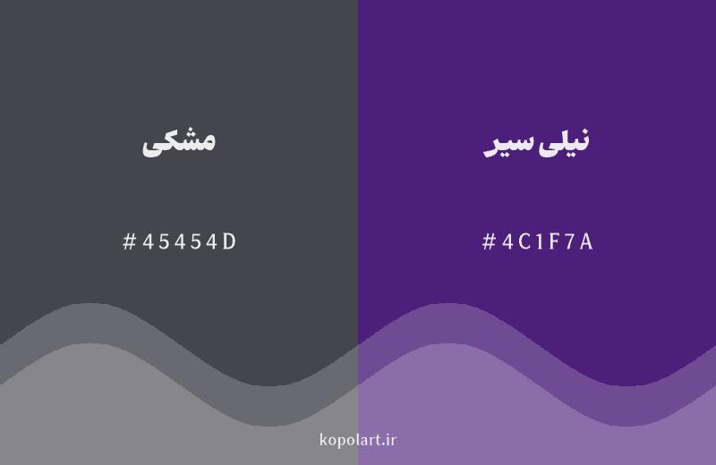 رنگ همسایه مشکی با کد هگزادسیمال 45454D، رنگ نیلی سیر با کد 4C1F7A