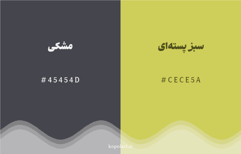 رنگ مکمل مشکی با کد هگزادسیمال 45454D، رنگ سبز پسته‌ای با کد CECE5A