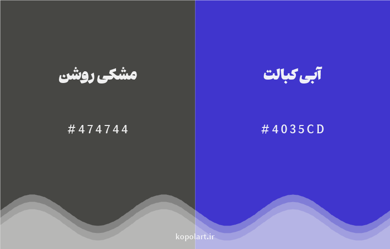 رنگ مکمل مشکی روشن با کد هگزادسیمال 474744، رنگ آبی کبالت با کد 4035CD
