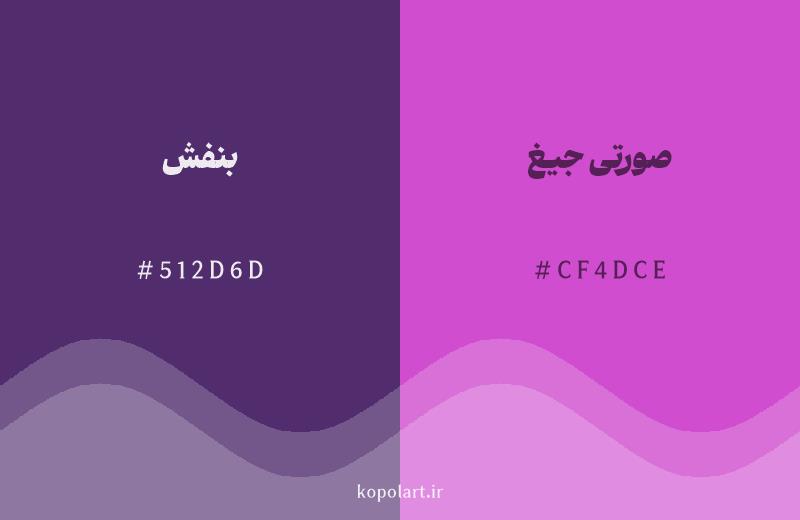 رنگ همسایه بنفش با کد هگزادسیمال 512D6D، رنگ صورتی جیغ با کد CF4DCE