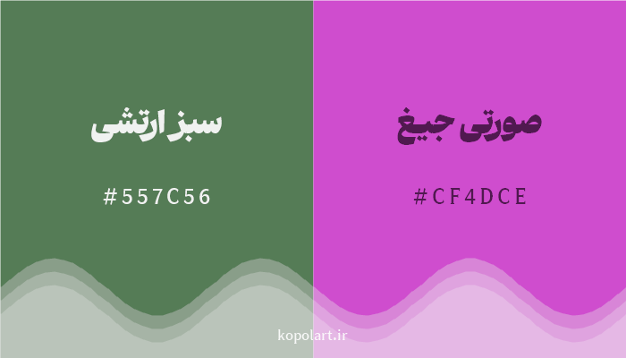 رنگ مکمل سبز ارتشی با کد هگزادسیمال 557C56، رنگ صورتی جیغ با کد CF4DCE