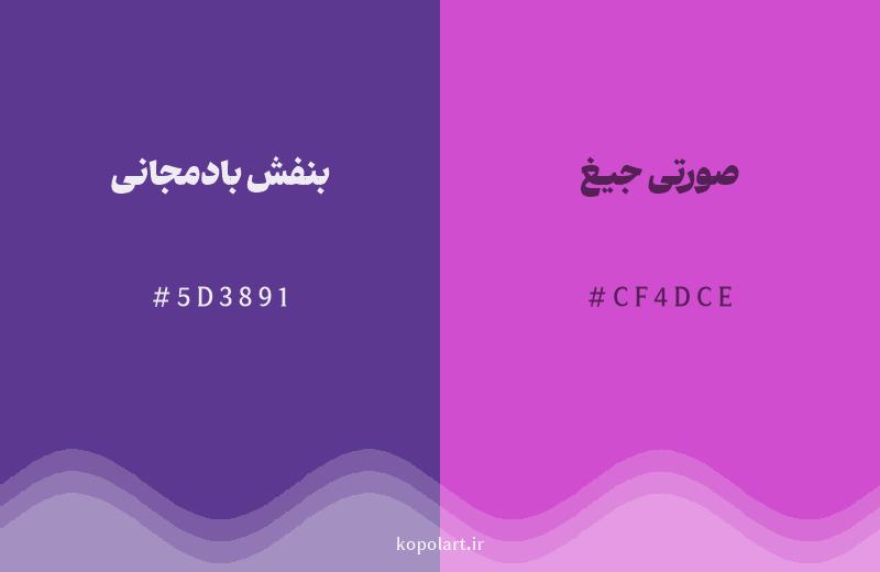 رنگ همسایه بنفش بادمجانی با کد هگزادسیمال 5D3891، رنگ صورتی جیغ با کد CF4DCE