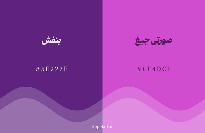 رنگ همسایه بنفش با کد هگزادسیمال 5E227F، رنگ صورتی جیغ با کد CF4DCE