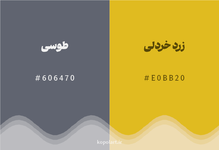رنگ مکمل طوسی با کد هگزادسیمال 606470، رنگ زرد خردلی با کد E0BB20