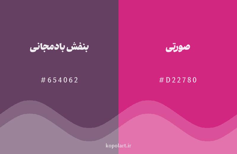 رنگ همسایه بنفش بادمجانی با کد هگزادسیمال 654062، رنگ صورتی با کد D22780