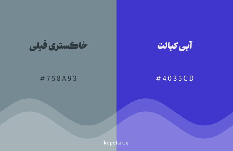 رنگ همسایه خاکستری فیلی با کد هگزادسیمال 758A93، رنگ آبی کبالت با کد 4035CD