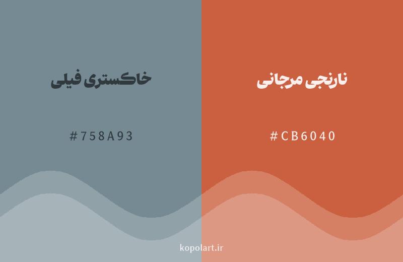 رنگ مکمل خاکستری فیلی با کد هگزادسیمال 758A93، رنگ نارنجی مرجانی با کد CB6040