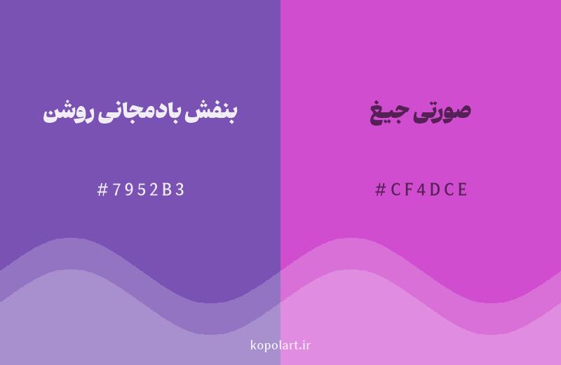 رنگ همسایه بنفش بادمجانی روشن با کد هگزادسیمال 7952B3، رنگ صورتی جیغ با کد CF4DCE
