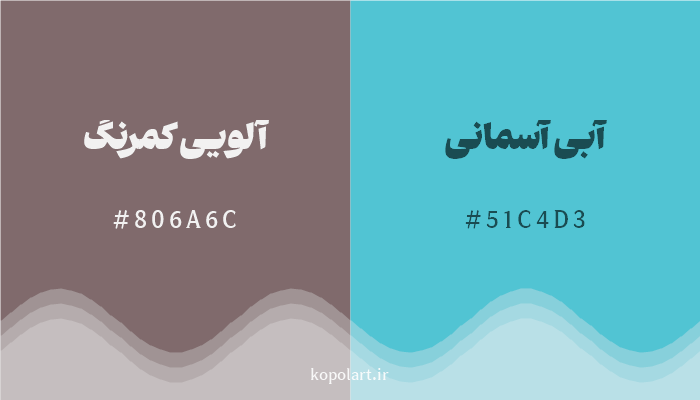 رنگ مکمل آلویی کمرنگ با کد هگزادسیمال 806A6C، رنگ آبی آسمانی با کد 51C4D3