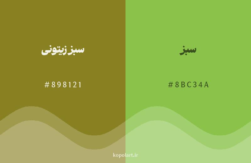 رنگ همسایه سبز زیتونی با کد هگزادسیمال 898121، رنگ سبز با کد 8BC34A