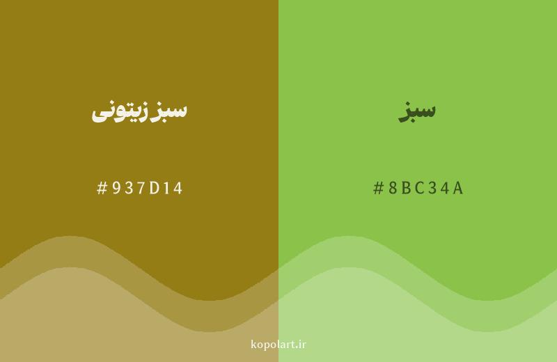 رنگ همسایه سبز زیتونی با کد هگزادسیمال 937D14، رنگ سبز با کد 8BC34A