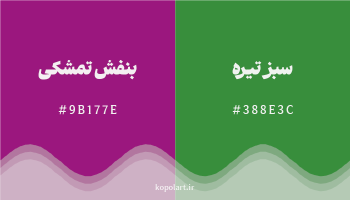 رنگ مکمل بنفش تمشکی با کد هگزادسیمال 9B177E، رنگ سبز تیره با کد 388E3C