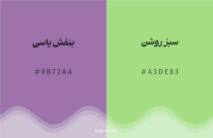 رنگ مکمل بنفش یاسی با کد هگزادسیمال 9B72AA، رنگ سبز روشن با کد A3DE83