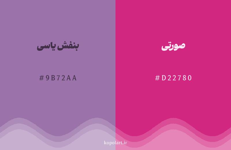 رنگ همسایه بنفش یاسی با کد هگزادسیمال 9B72AA، رنگ صورتی با کد D22780