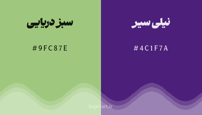 رنگ مکمل سبز دریایی با کد هگزادسیمال 9FC87E، رنگ نیلی سیر با کد 4C1F7A