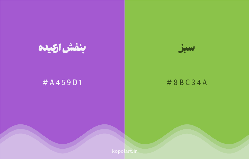 رنگ مکمل بنفش ارکیده با کد هگزادسیمال A459D1، رنگ سبز با کد 8BC34A