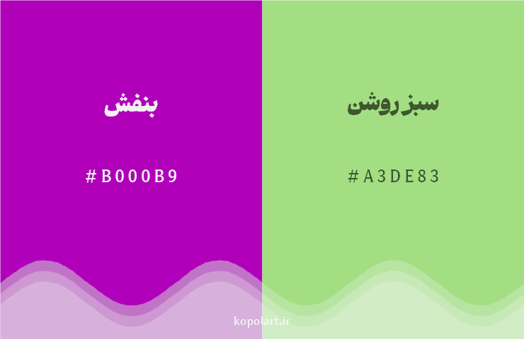 رنگ مکمل بنفش با کد هگزادسیمال B000B9، رنگ سبز روشن با کد A3DE83