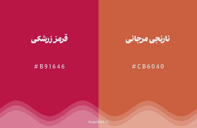 رنگ همسایه قرمز زرشکی با کد هگزادسیمال B91646، رنگ نارنجی مرجانی با کد CB6040