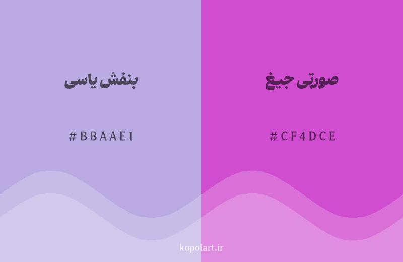 رنگ همسایه بنفش یاسی با کد هگزادسیمال BBAAE1، رنگ صورتی جیغ با کد CF4DCE