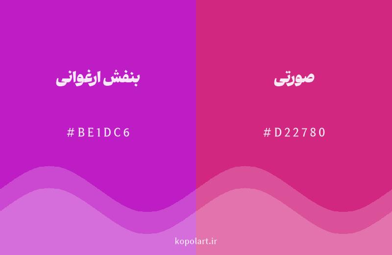 رنگ همسایه بنفش ارغوانی با کد هگزادسیمال BE1DC6، رنگ صورتی با کد D22780