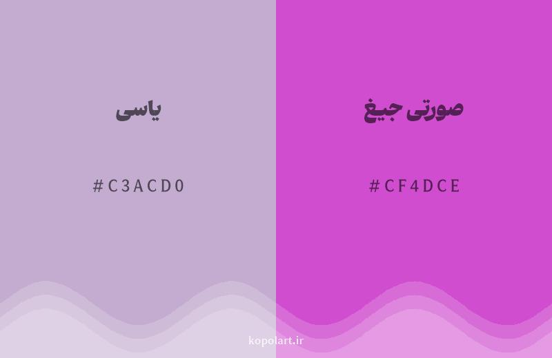رنگ همسایه یاسی با کد هگزادسیمال C3ACD0، رنگ صورتی جیغ با کد CF4DCE