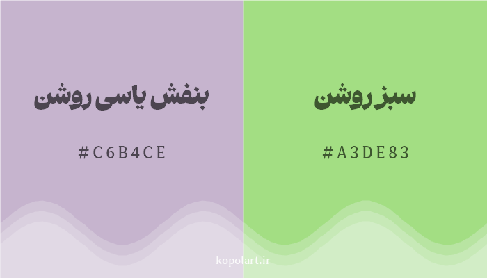 رنگ مکمل بنفش یاسی روشن با کد هگزادسیمال C6B4CE، رنگ سبز روشن با کد A3DE83