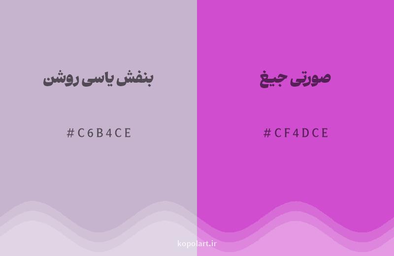 رنگ همسایه بنفش یاسی روشن با کد هگزادسیمال C6B4CE، رنگ صورتی جیغ با کد CF4DCE