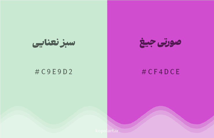 رنگ مکمل سبز نعنایی با کد هگزادسیمال C9E9D2، رنگ صورتی جیغ با کد CF4DCE