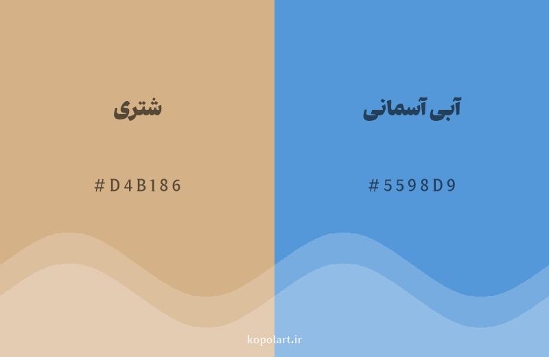 رنگ مکمل شتری با کد هگزادسیمال D4B186، رنگ آبی آسمانی با کد 5598D9