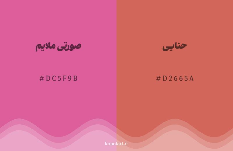 رنگ همسایه صورتی ملایم با کد هگزادسیمال DC5F9B، رنگ حنایی با کد D2665A