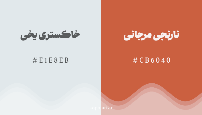 رنگ مکمل خاکستری یخی با کد هگزادسیمال E1E8EB، رنگ نارنجی مرجانی با کد CB6040