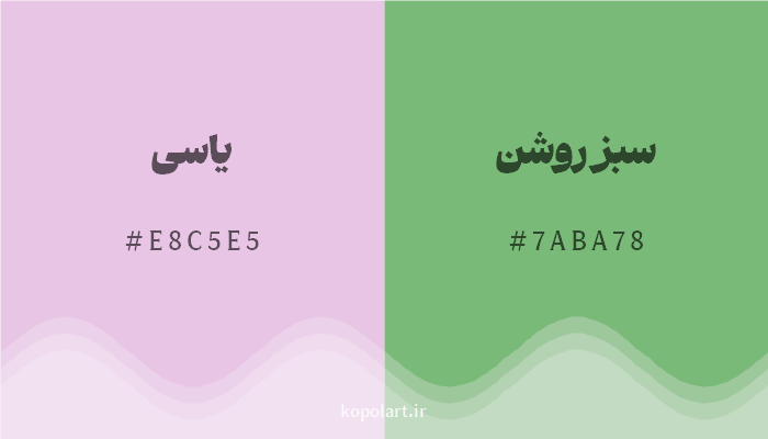 رنگ مکمل یاسی با کد هگزادسیمال E8C5E5، رنگ سبز روشن با کد 7ABA78