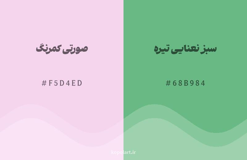 رنگ مکمل صورتی کمرنگ با کد هگزادسیمال F5D4ED، رنگ سبز نعنایی تیره با کد 68B984