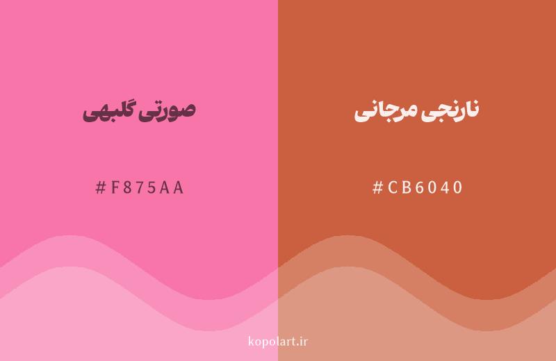 رنگ همسایه صورتی گلبهی با کد هگزادسیمال F875AA، رنگ نارنجی مرجانی با کد CB6040