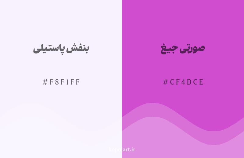 رنگ همسایه بنفش پاستیلی با کد هگزادسیمال F8F1FF، رنگ صورتی جیغ با کد CF4DCE