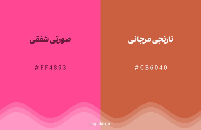 رنگ همسایه صورتی شفقی با کد هگزادسیمال FF4893، رنگ نارنجی مرجانی با کد CB6040