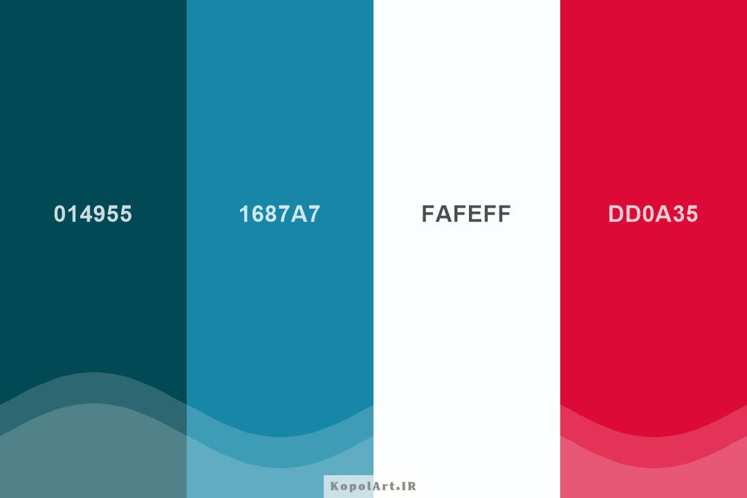 پالت رنگ آبی روشن، سبزآبی کبود، قرمز و سفید