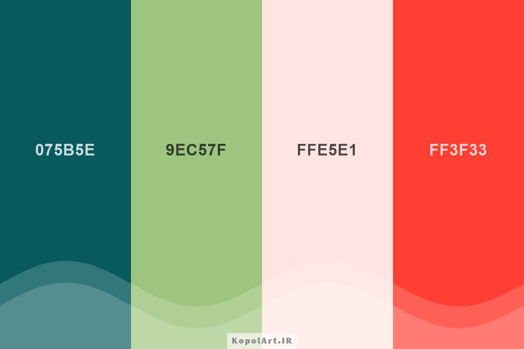 پالت رنگ یلدایی قرمز مرجانی، سبز دریایی تیره، سبز پستهای ملایم و صورتی پوسته پیازی