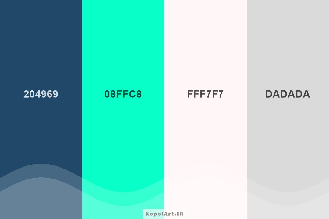 پالت رنگ سبز نعنایی، آبی سرمه‌ای، خاکستری روشن و سفید شیری