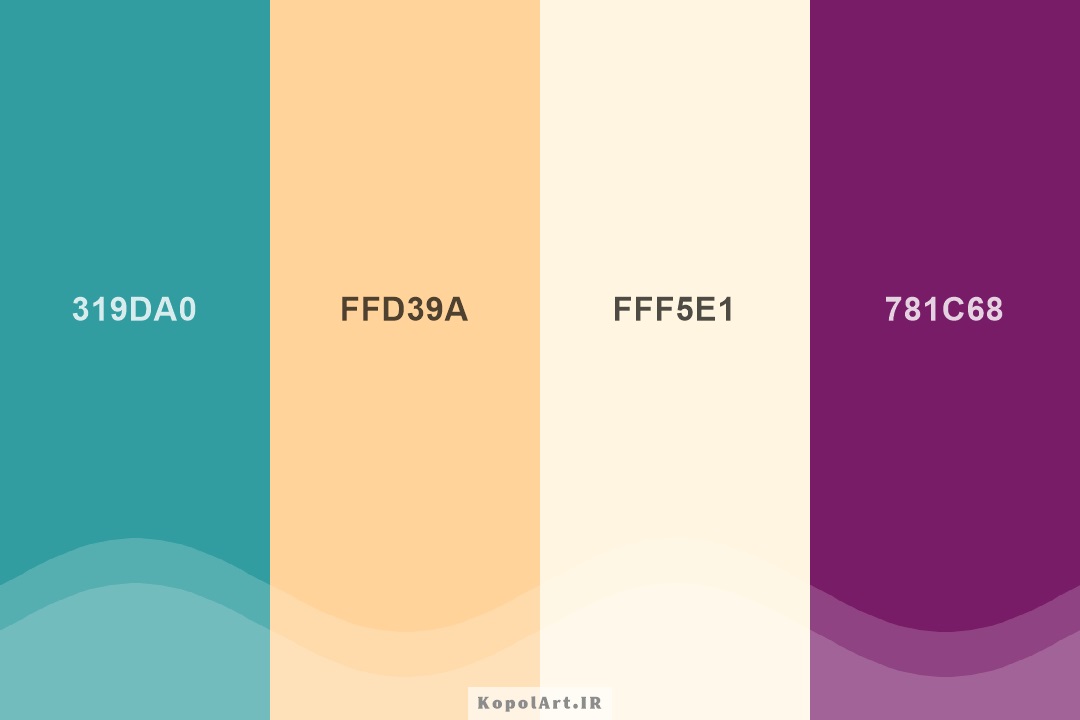 پالت رنگ بنفش، سبزآبی دودی، لیمویی و خاکی روشن
