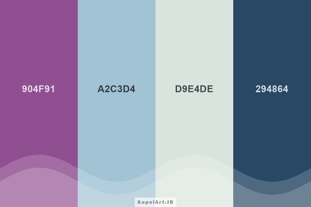 پالت رنگ آبی نفتی تیره، بنفش ارغوانی تیره، آبی مه‌آلود و سبز مریم گلی روشن