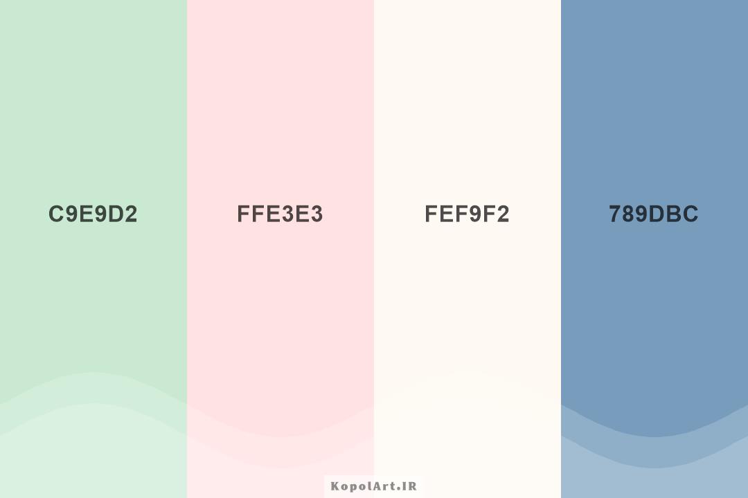 پالت رنگ پاستیلی صورتی کمرنگ، سبز نعنایی، نیلی متالیک و بژ باز