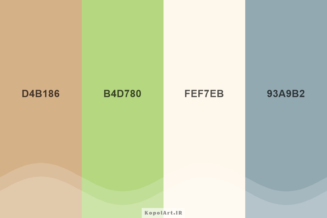 پالت رنگ سبز لیمویی روشن، شتری، آبی دودی و سفید عاجی روشن