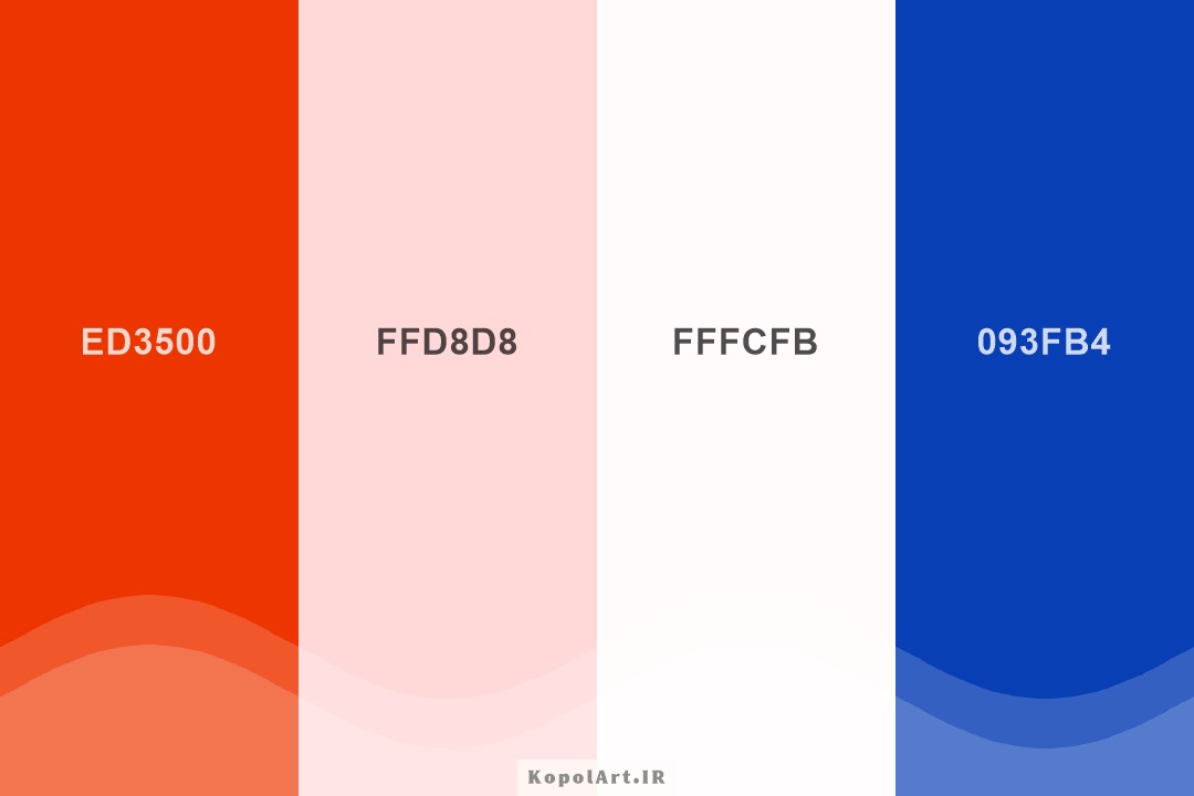 پالت رنگ نارنجی‌قرمز، آبی کبالت، صورتی پاستیلی و سفید